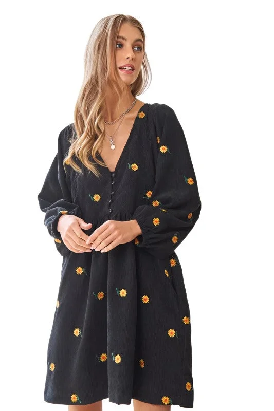 Corduroy Fabric Quilted Bib Henley Style Mini Dress Cozy A-Line Mini Dress