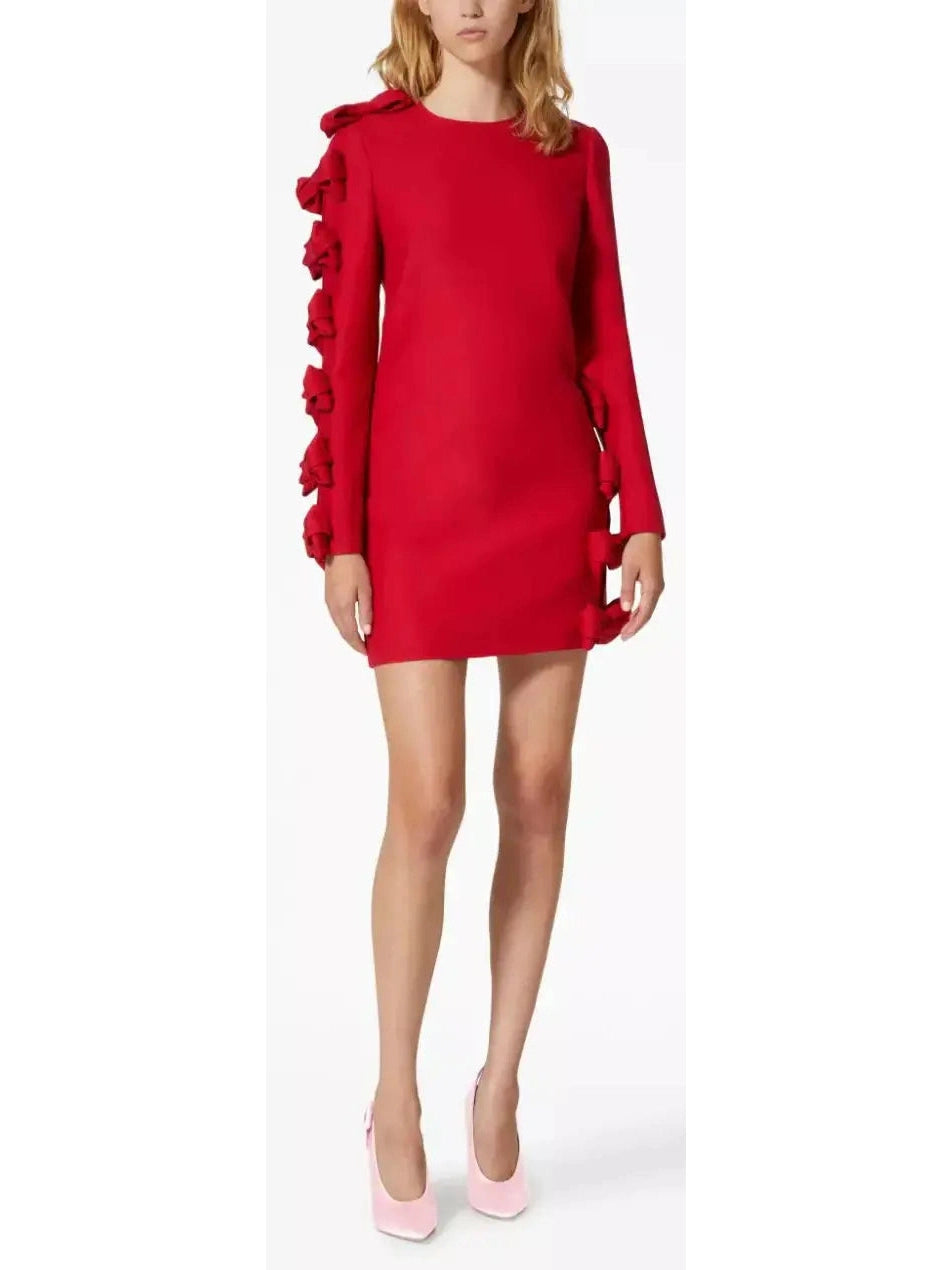Crepe Couture Bow-Appliqué Mini Dress in Red Comfortable Off-Shoulder Mini Dress