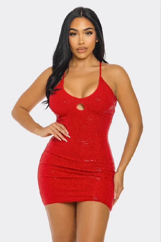 Crossed Back Sequin Mini Dress Comfortable Linen Mini Dress