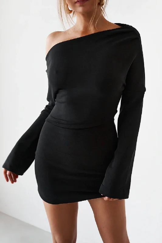 Cupro Mini Dress - Black Fashionable Mini Dress with Frills