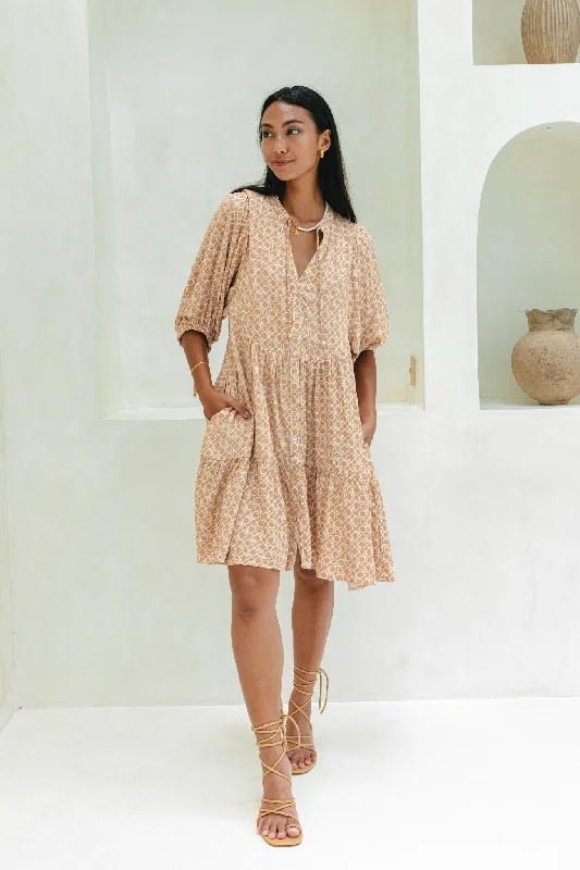 Cyra Beige Geo Button Down Mini Dress Comfortable Zip-Up Mini Dress