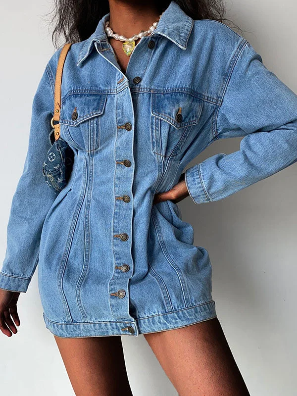 Denim Pockets Botton Down Mini Dress Fashionable Mini Dress with Pockets