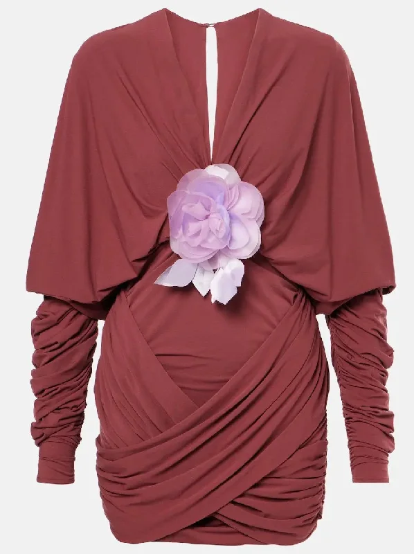 Draped V-Neck Mini Dress with Floral-Applique Fashionable Denim Mini Dress