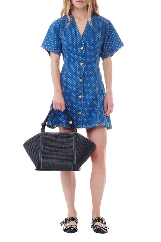 Blue Polka Dot Denim Mini Dress Trendy Crossover Mini Dress