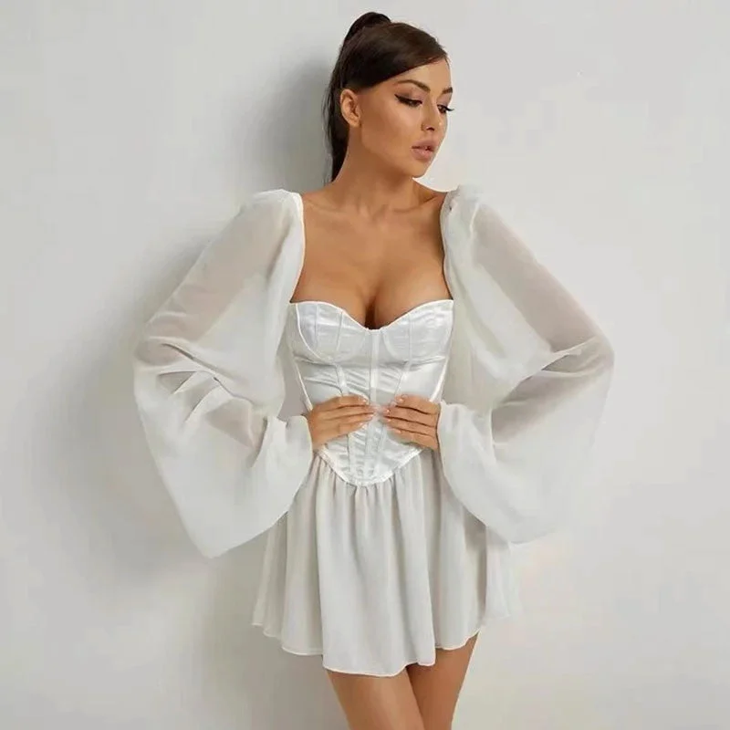 Glossy Puff Sleeve Satin Bustier Party Mini Dress - White Fashionable Party Mini Dress Glossy Puff Sleeve Satin Bustier Party Mini Dress - White Fashionable Party Mini Dress