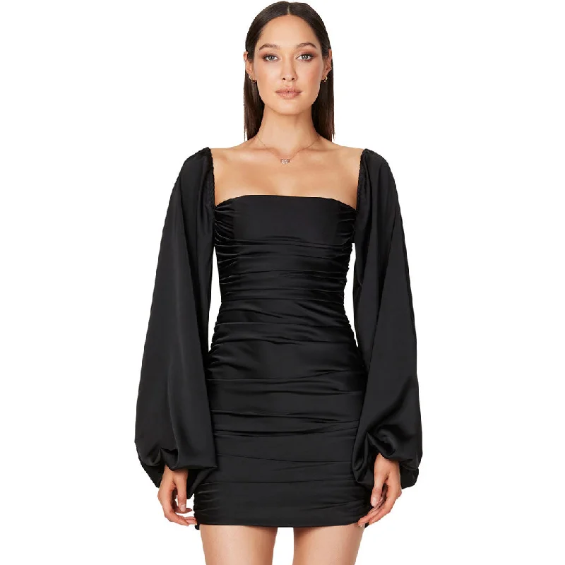 Glossy Satin Square Neck Bishop Sleeve Ruched Bodycon Mini Dress - Black Cozy Satin Mini Dress Glossy Satin Square Neck Bishop Sleeve Ruched Bodycon Mini Dress - Black Cozy Satin Mini Dress