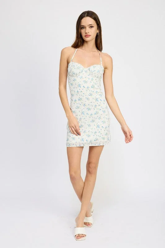 HALTER NECK MINI DRESSW WITH BUST RUCHING DETAIL Chic Mini Dress with V-Neck