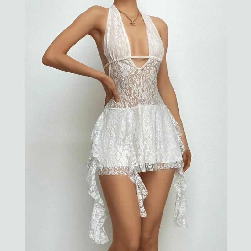 Halter v neck backless lace self tie hollow out cut out mini dress Classic Solid Mini Dress Halter v neck backless lace self tie hollow out cut out mini dress Classic Solid Mini Dress