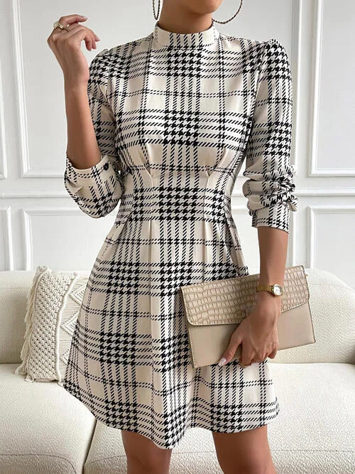 Houndstooth Mock Neck Cinched Mini Dress Stylish Sweetheart Neck Mini Dress