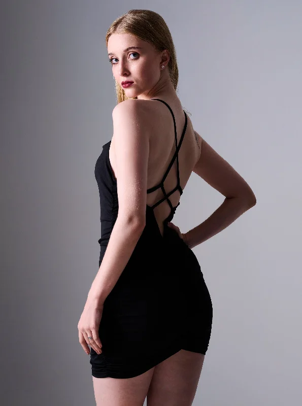 Ivanna Ruched Cross Back Bodycon Mini Dress in Black Fashionable Summer Mini Dress