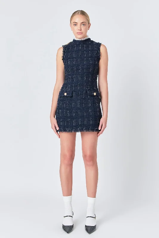 Endless Rose - Lace Detail Tweed Mini Dress Classic White Mini Dress