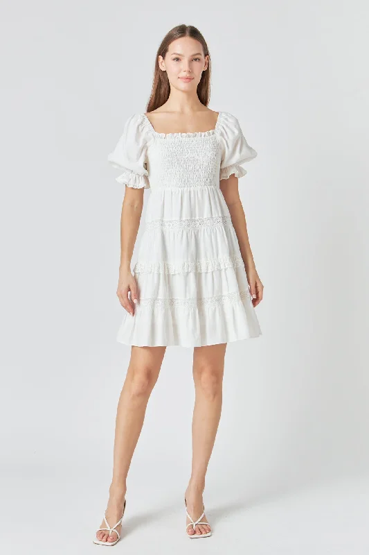 Endless Rose - Linen Smocked Mini Dress with Lace Classic White Mini Dress