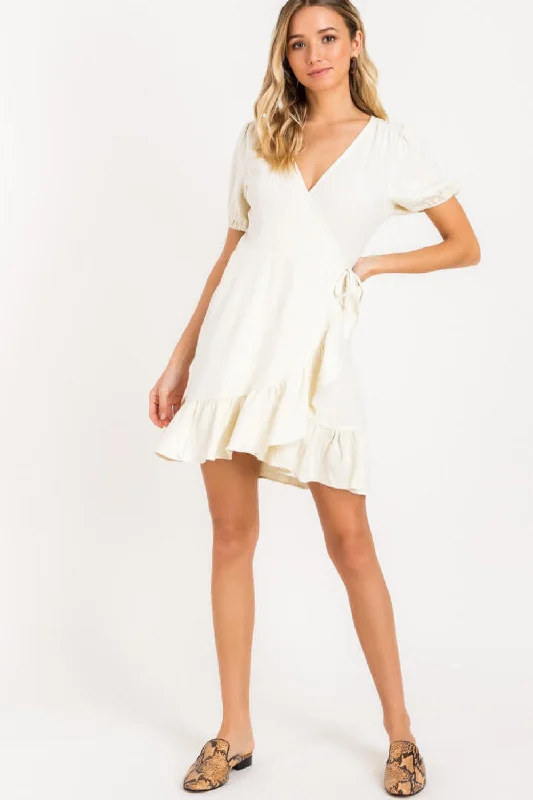 Linen Wrap Mini Dress, Cream Elegant Mini Dress with Ruffles