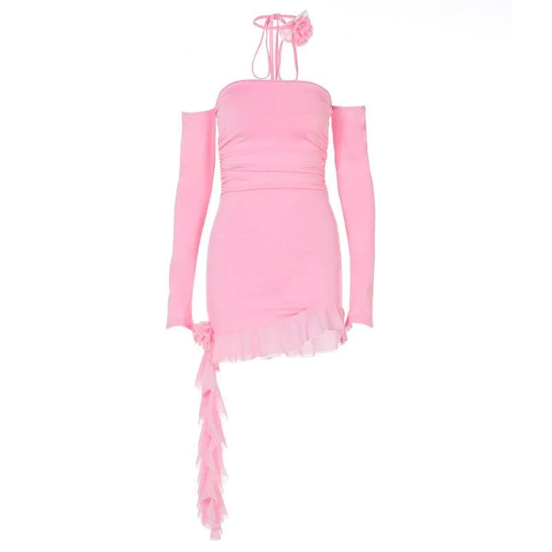 Long sleeve off shoulder flower applique ruffle ruched mini dress Casual V-Neck Mini Dress Long sleeve off shoulder flower applique ruffle ruched mini dress Casual V-Neck Mini Dress