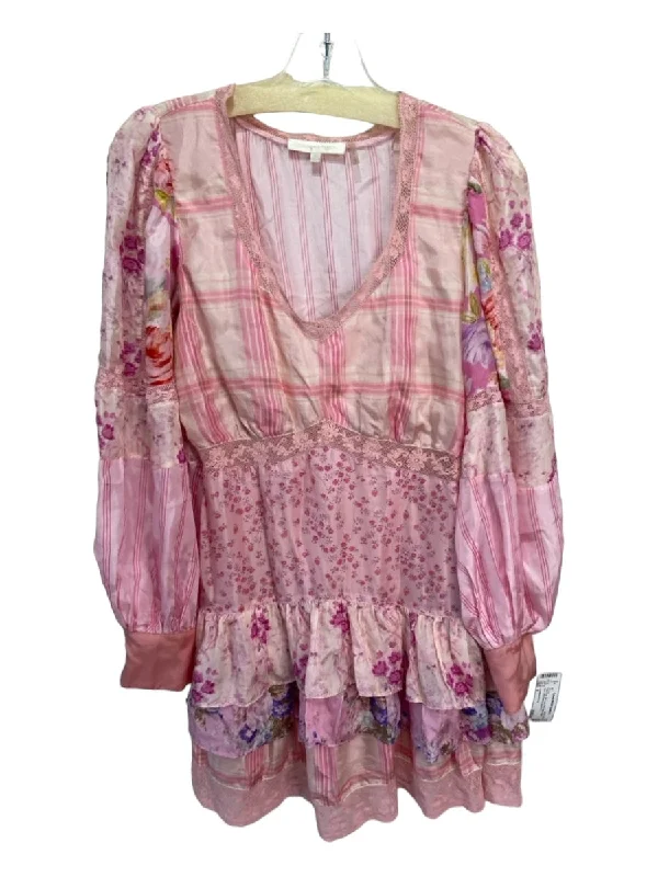 Loveshackfancy Size 2 Pink Print Silk Lace Trim Multi Pattern Mini Dress Stylish Spaghetti Strap Mini Dress