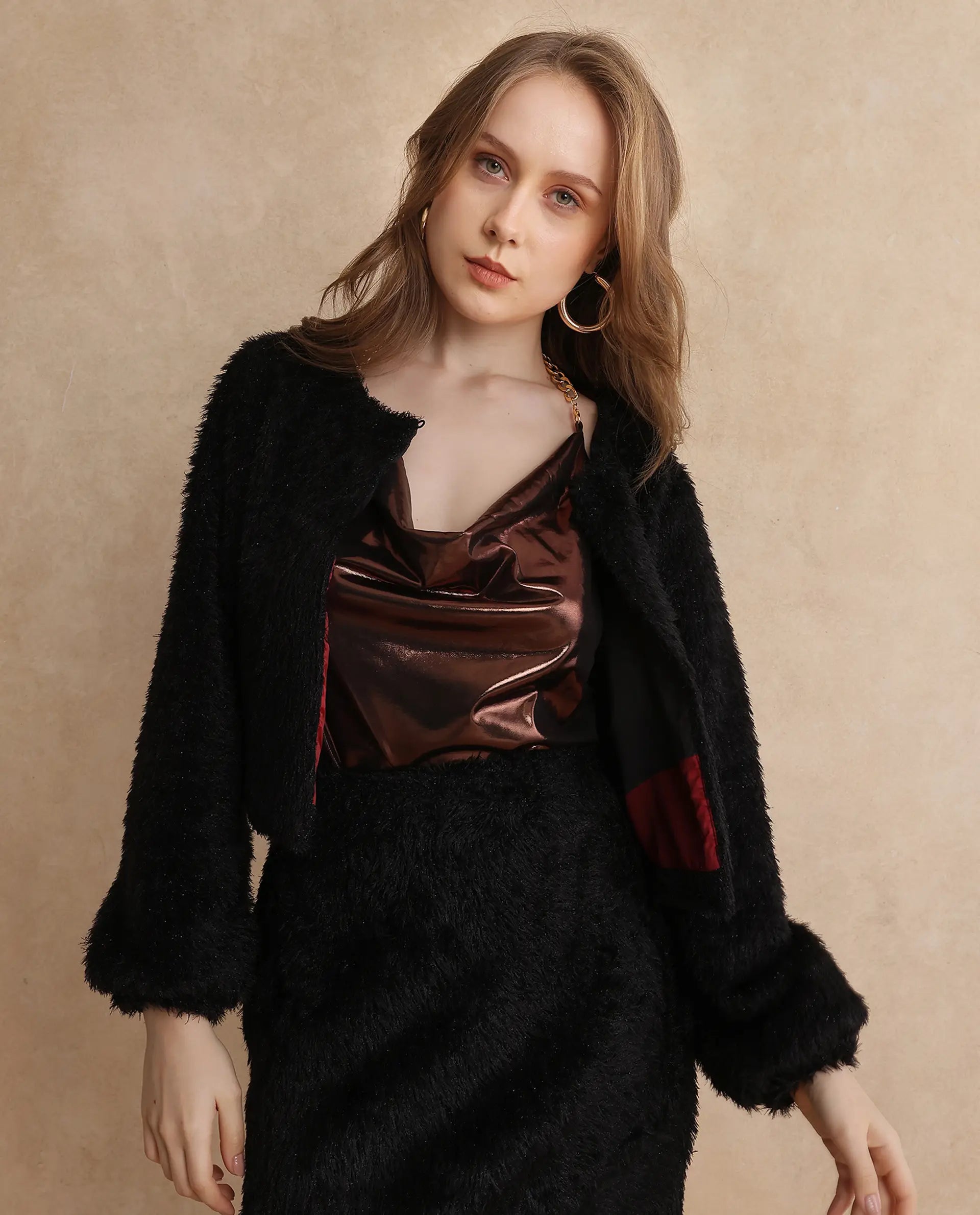 Rareism Women Maimi Metallic Red Bishop Sleeve One Shoulder Zipper Fit And Flare Plain Mini Dress Cozy A-Line Mini Dress