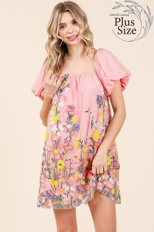 Plus Floral Embroidered Mesh Mini Dress Comfortable One-Shoulder Mini Dress