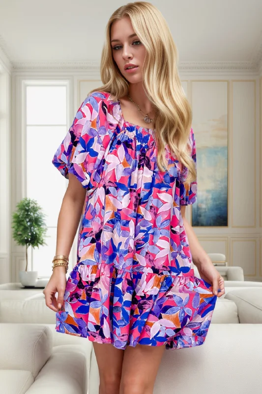 Printed Square Neck Short Sleeve Mini Dress Stylish Summer Mini Dress