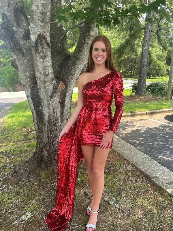 Portia & Scarlett PS23106 Red One Sleeve Sequin Mini Dress with Train Detail Classic Striped Mini Dress Portia & Scarlett PS23106 Red One Sleeve Sequin Mini Dress with Train Detail Classic Striped Mini Dress