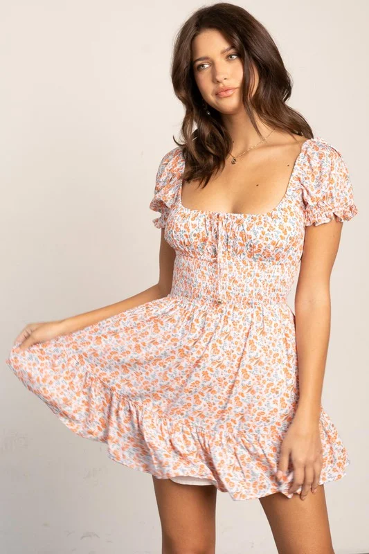 Puff Sleeve Mini Dress with Smocking Trendy Tie-Dye Mini Dress