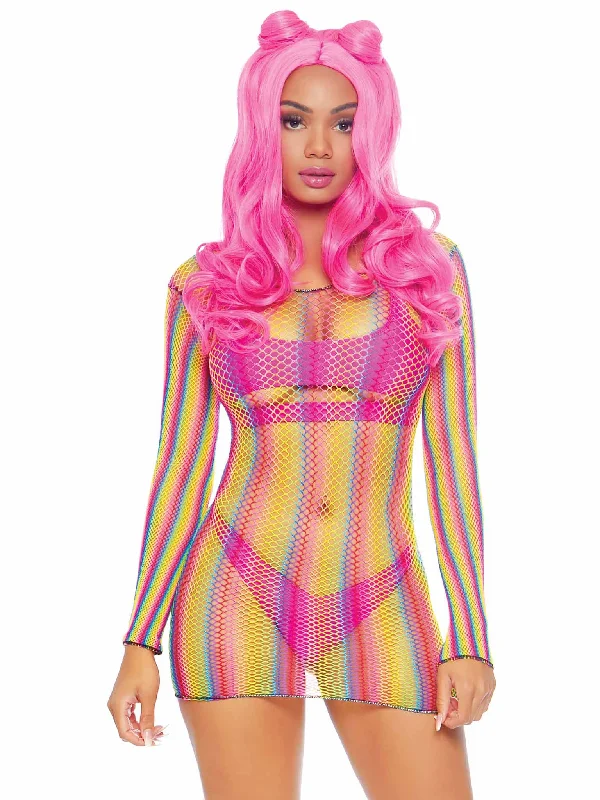 Rainbow Fishnet Long Sleeved Mini Dress Elegant Mini Dress with Ruffles