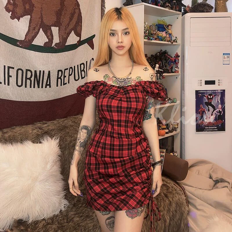 Red Plaid Mini Dress Comfortable Zip-Up Mini Dress