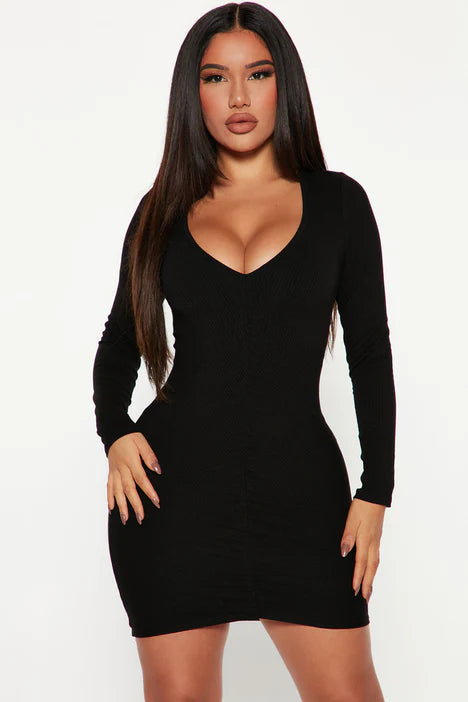 Roxy Ribbed Mini Dress in Black Trendy Lace Mini Dress