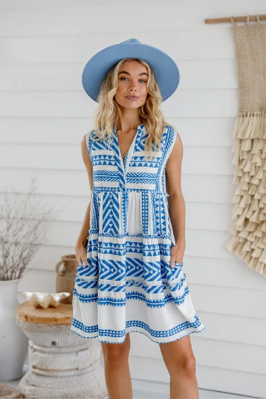 Santorini Sleeveless Mini Dress - Blue/White Stylish Summer Mini Dress