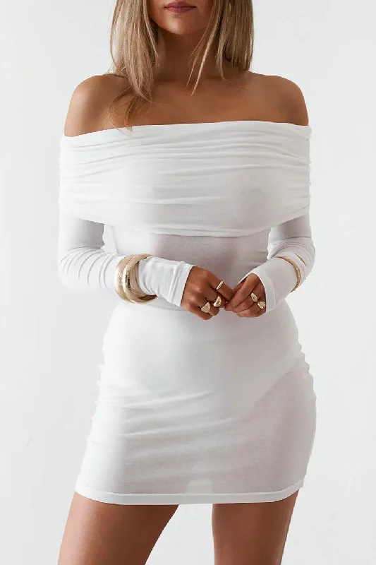 Sheer Mini Dress - White Cozy Knitted Mini Dress