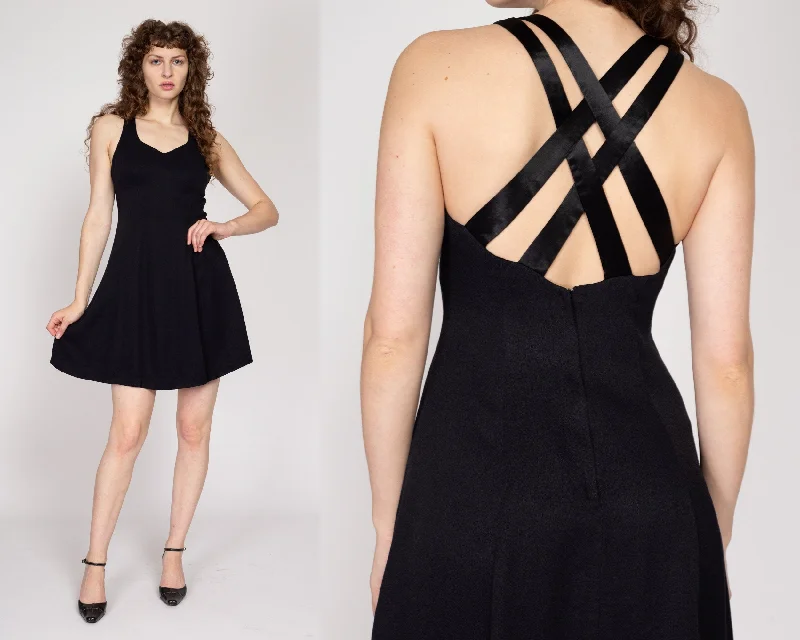 Small 90s Black Strappy Cross Back Mini Dress Casual Button-Up Mini Dress