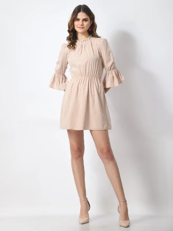 Women's Polyester Elasticated Waist Mini Dress - Dusty Pink Cozy Cotton Mini Dress