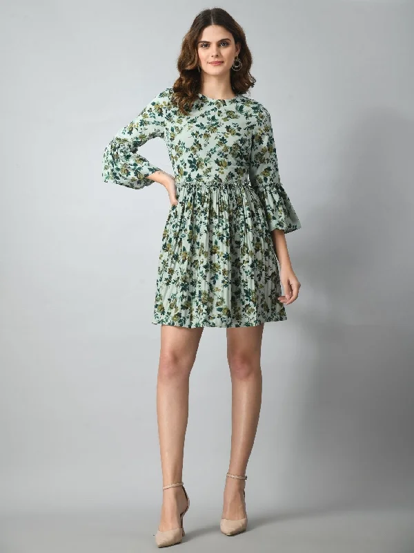 Women's Round Neck Floral Printed Mini Dress - Green Cozy Jersey Mini Dress