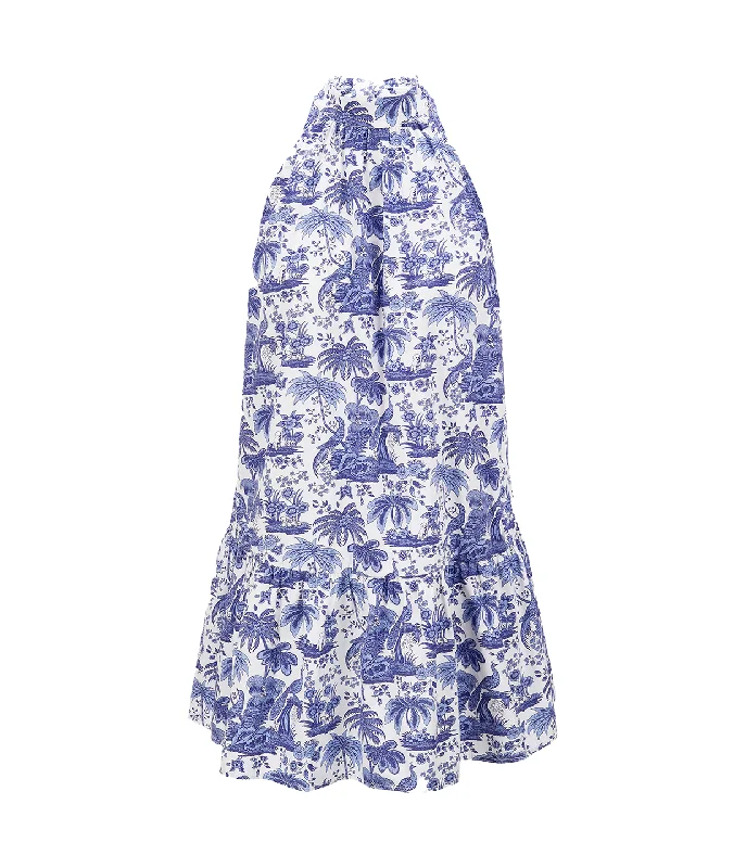 Marlowe Mini Dress in Blue Toile Trendy Button-Detail Mini Dress