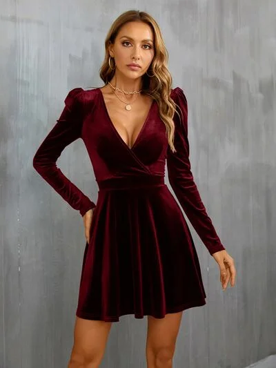 Surplice Puff Sleeve Mini Dress Cozy Satin Mini Dress