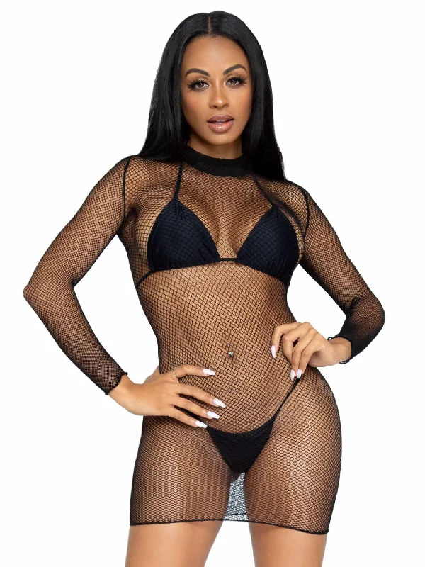 Ultra Net Long Sleeve High Neck Mini Dress Comfortable Bodycon Mini Dress