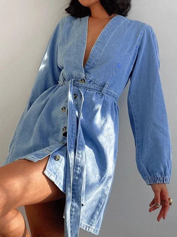 V-neck Long Sleeve Bandage Mini Dress Trendy Floral Mini Dress