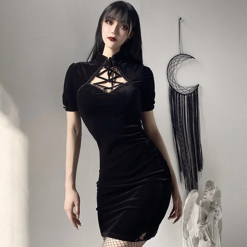 Velvet Lolita Goth Retro Mini Dress Cozy Wraparound Mini Dress