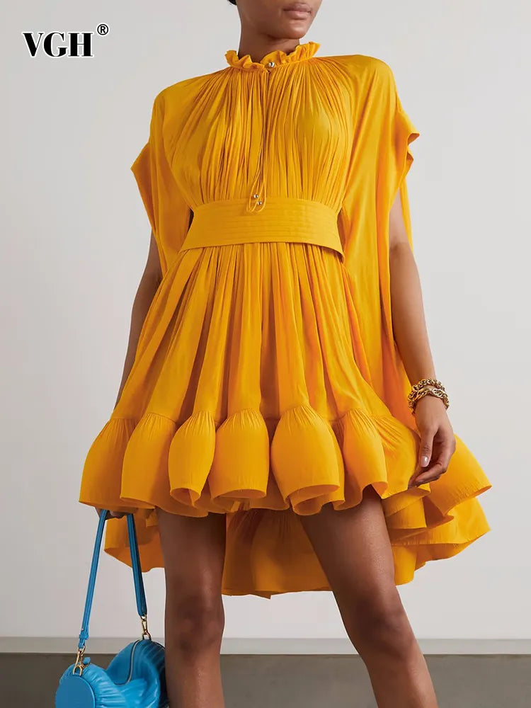 VGH Asymmetrical Empire Waste Mini Dress Stylish Ruffle Mini Dress