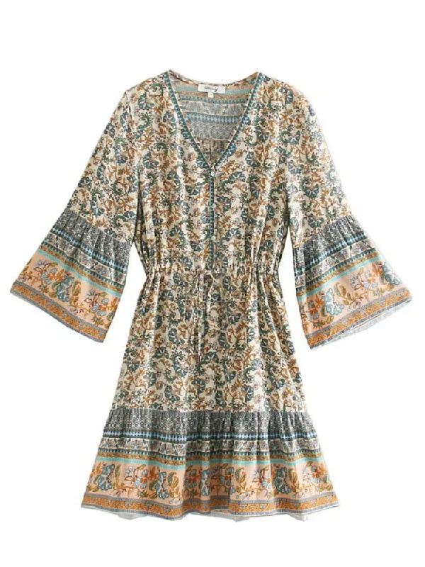 Ashore Shop women hippie floral print V-neck  Bohemian mini dresses Summer ladies flare sleeve cotton beach Boho dress Fashionable Lace Mini Dress