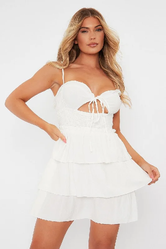 White Frill Detail Tiered Cut Out Mini Dress - Daneen Fashionable A-Line Mini Dress