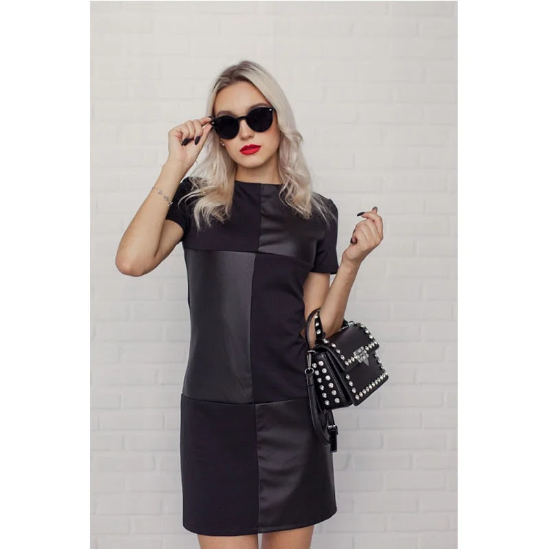 Women Vintage Leather Patchwork Elegant Office Dress Long Sleeve O neck Solid Casual Mini Dress 2019 Winter New Fashion Dress Classic Solid Mini Dress Women Vintage Leather Patchwork Elegant Office Dress Long Sleeve O neck Solid Casual Mini Dress 2019 Winter New Fashion Dress Classic Solid Mini Dress