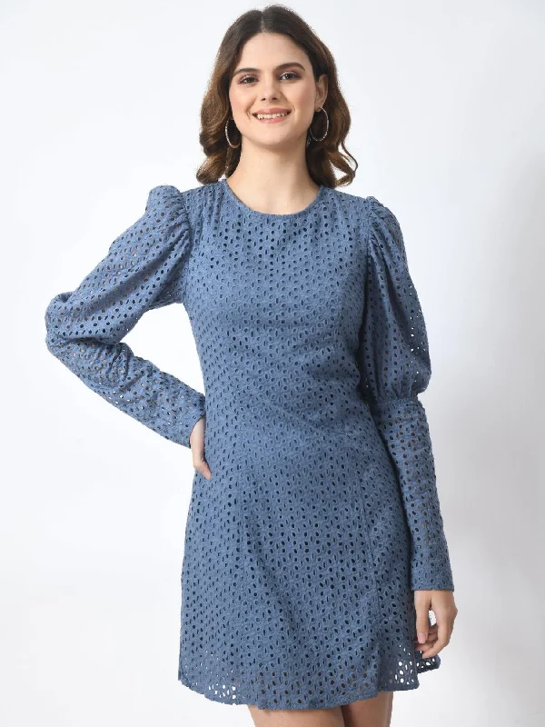 SMERA MART Women's 100% Cotton Schiffli Long Sleeve Sheath Mini Dress - Blue Fashionable Summer Mini Dress SMERA MART Women's 100% Cotton Schiffli Long Sleeve Sheath Mini Dress - Blue Fashionable Summer Mini Dress