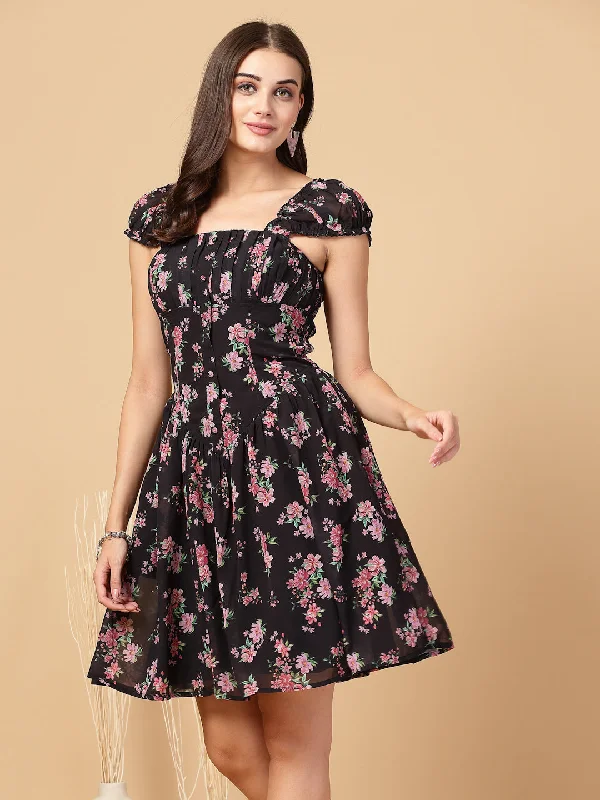 SMERA MART Women's Printed Square Neck Fit & Flare Mini Dress Cozy Wraparound Mini Dress