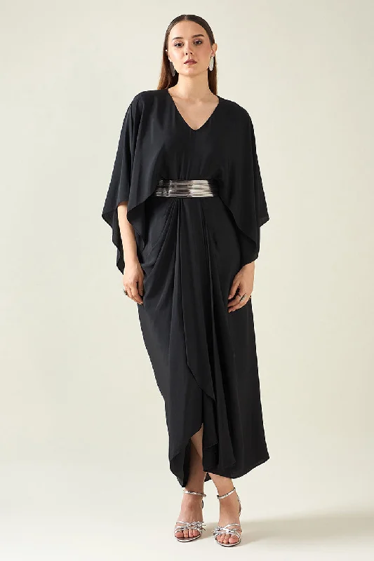 Black Coral Drape Dress With Metallic Finish Belt