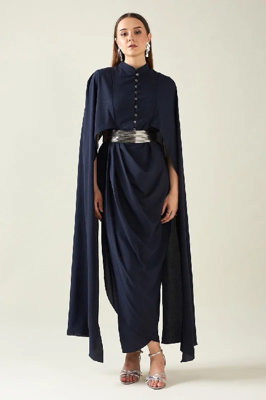 Navy Armour Drape Dress With Metallic Finish Belt