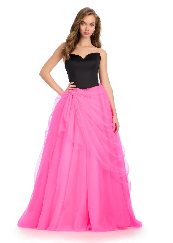 Ashley Lauren 11984 Satin V Neck A Line Prom Dress Tulle Draped Ballgown Pageant Gown