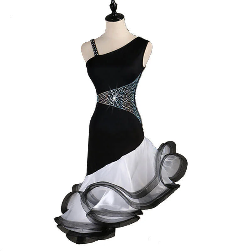 Asymmetric Knee-Length Latin Dress with Rhinestones