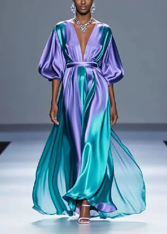 Beautiful Gradient Purple V Neck Tie Dye Silk Long Dress Fall