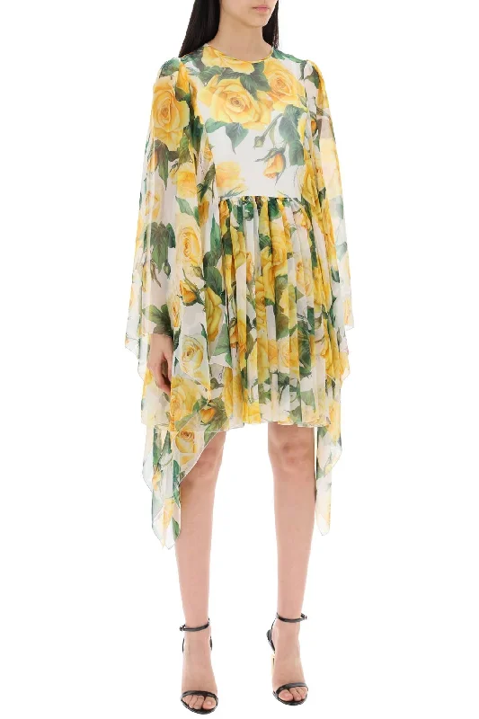 Dolce & Gabbana "short Silk Chiffon Dress With Yellow Rose Print"