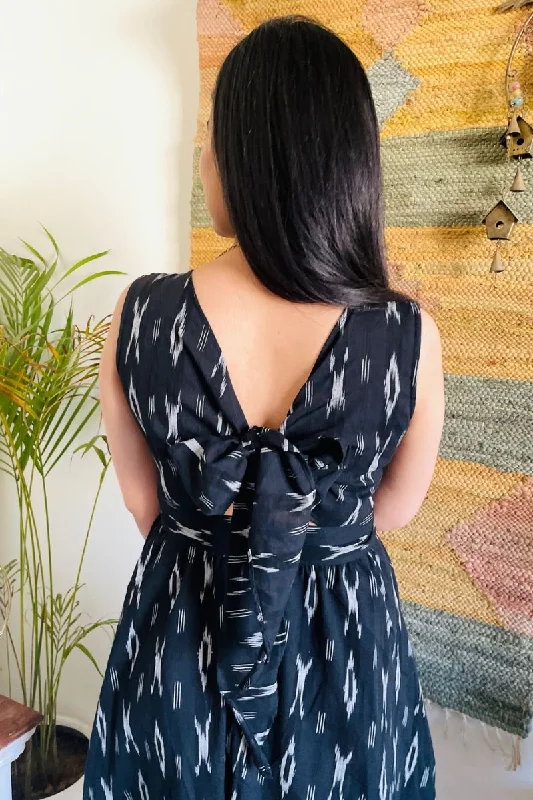 Black Ikat Bow Back Flare Dress